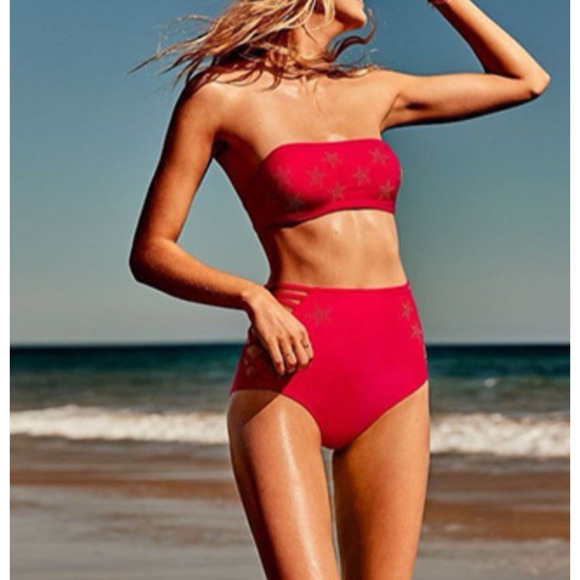 Victoria's Secret PINK Gold Star Bandeau Bikini Top Size M Red Festival NWOT - Picture 1 of 9